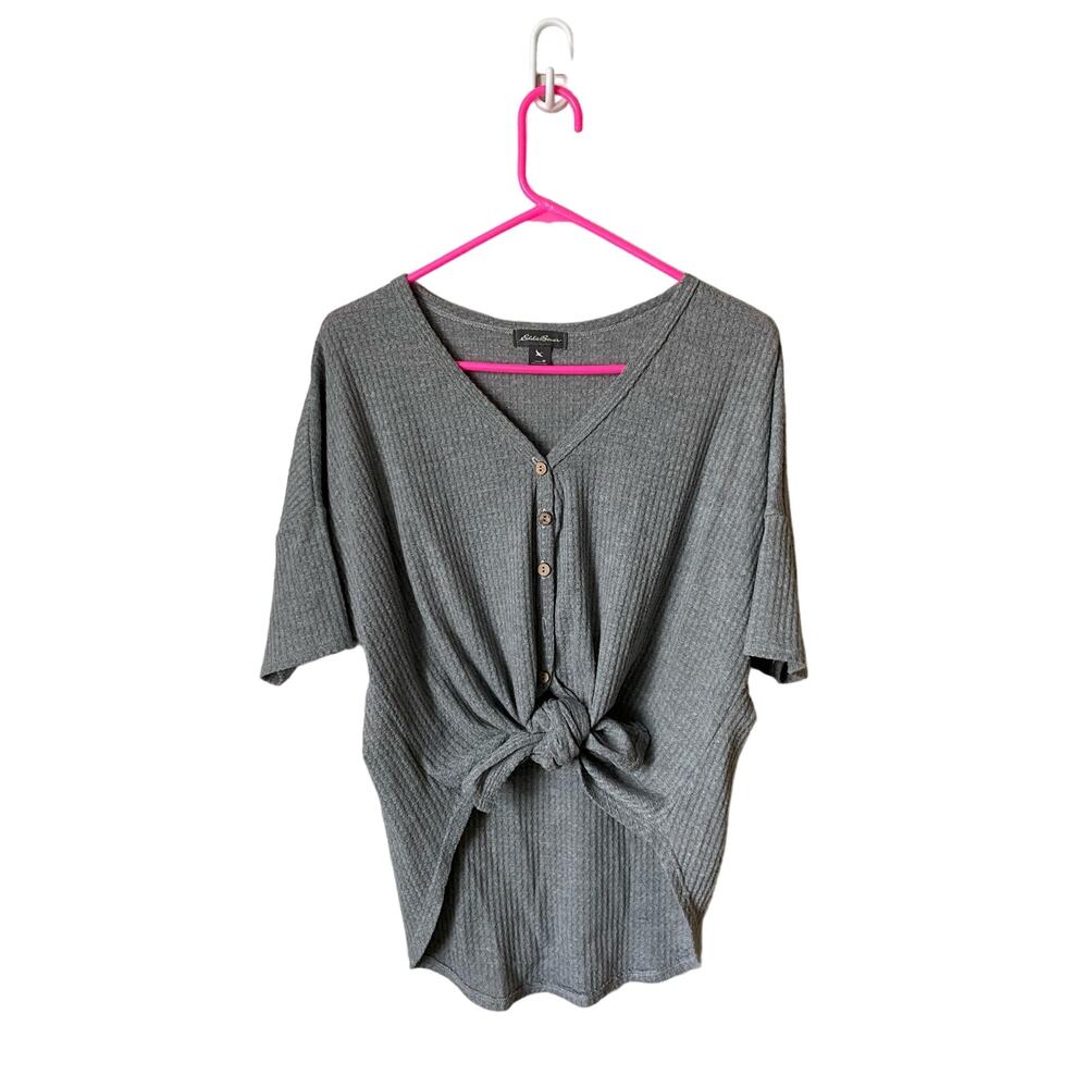 Eddie Bauer Button Down Tie Knot Front Short Sleeved Gray Blouse Sz M Casual